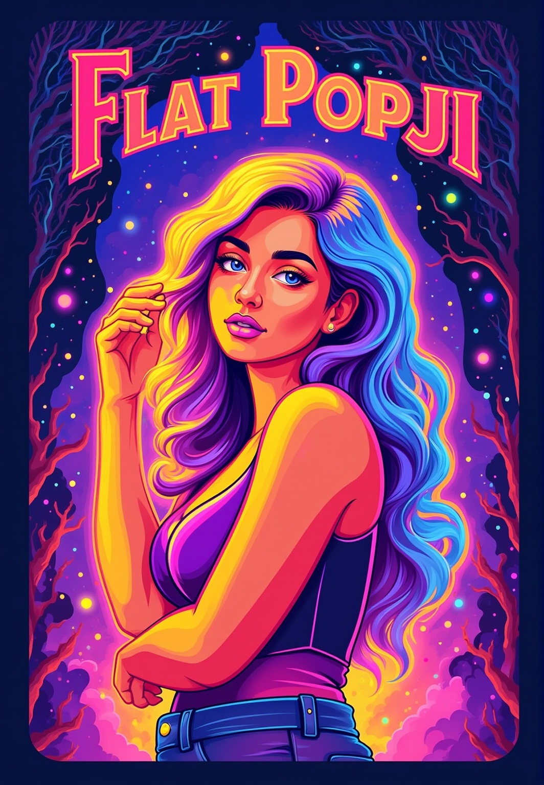 Tittle " FLAT POPJI" Text in bold letters on top,  Extreme realism in a complex,  highly detailed composition featuring a...