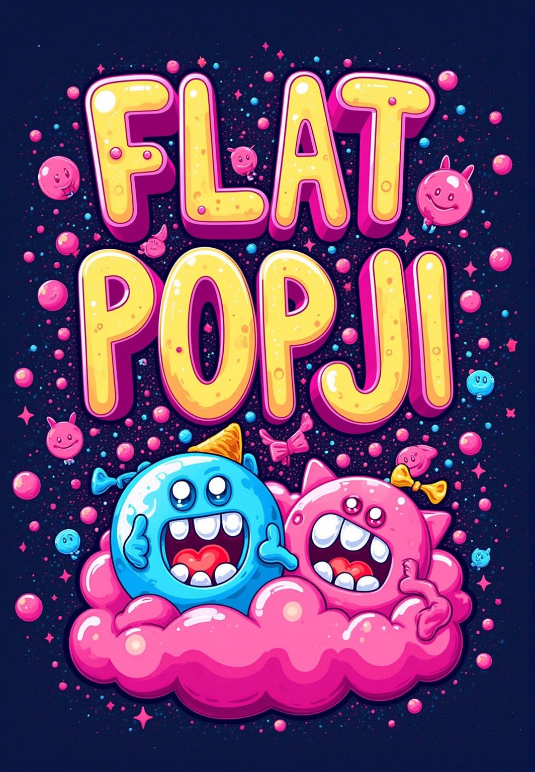 " FLAT POPJI" Text in bold letters on top,  A masterpiece of fantasy style. HD32K,  hyperdetailed on Tensor.Art