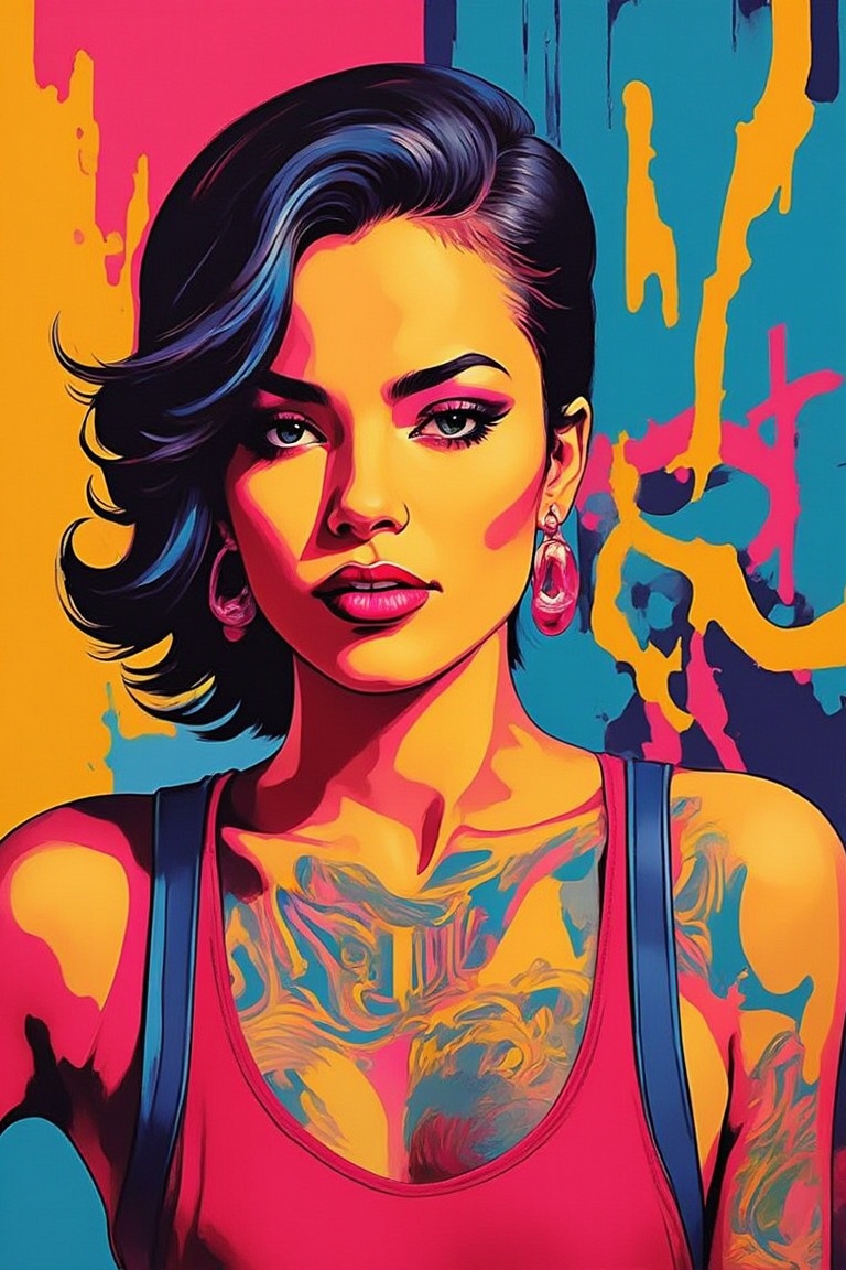 A close-up shot of a pinup model posing against a vibrant graffiti wall in an urban setting. She’s wearing a bold,  rockab...