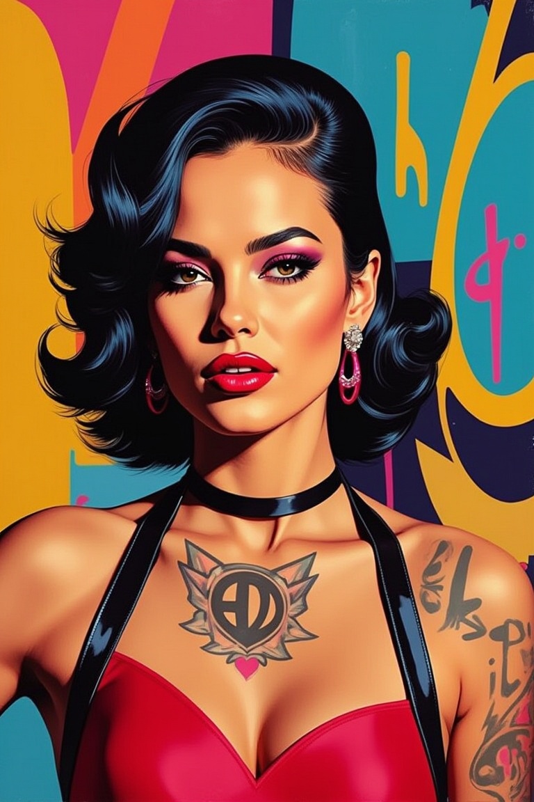 A close-up shot of a pinup model posing against a vibrant graffiti wall in an urban setting. She’s wearing a bold,  rockab...