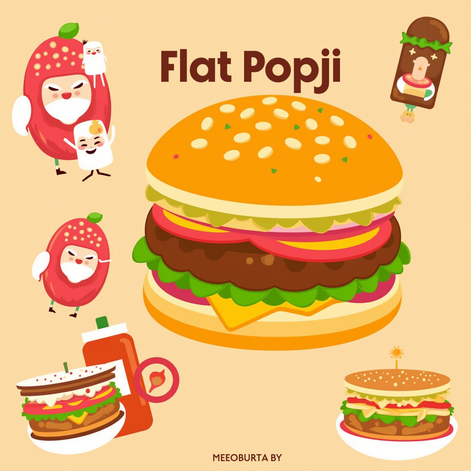 Design a food-themed poster with a giant,  stylized burger. Use flat colors for each layer - bun,  patty on Tensor.Art