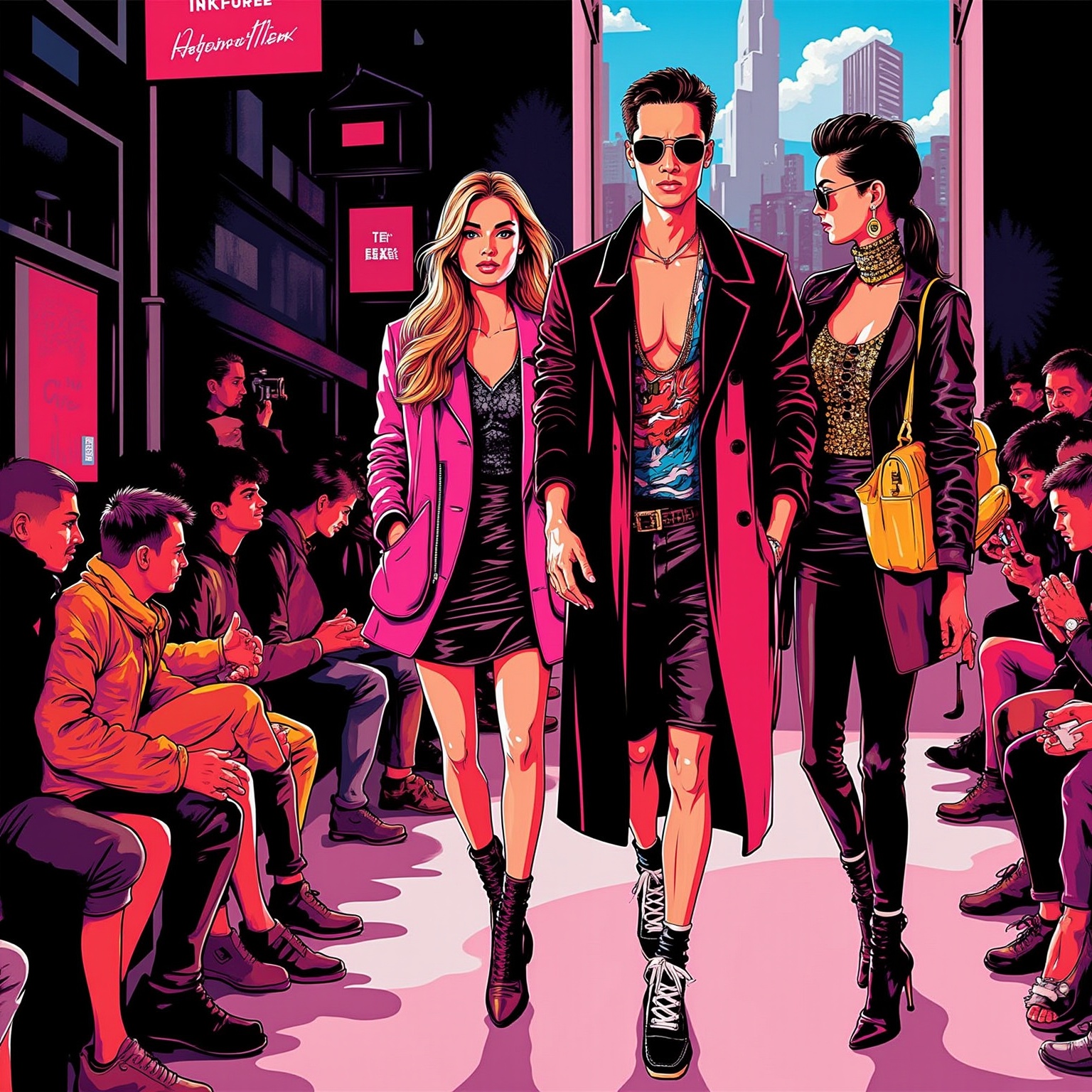Stunning Vector digital art in the style of pop art,  A high-contrast image of a fashion show taking place outdoors on a c...