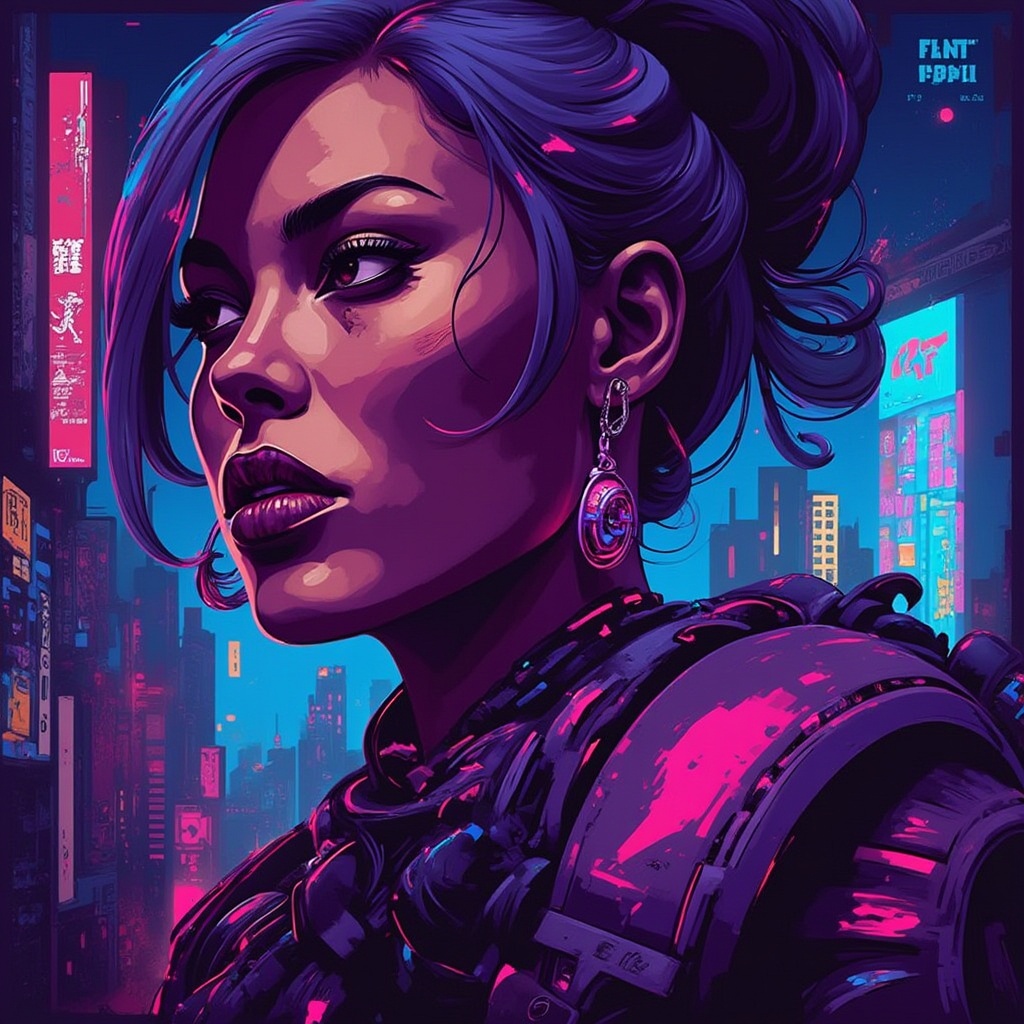 A close-up of a pinup model in a cyberpunk samurai outfit,  complete with glowing armor pieces and a futuristic katana. Sh...