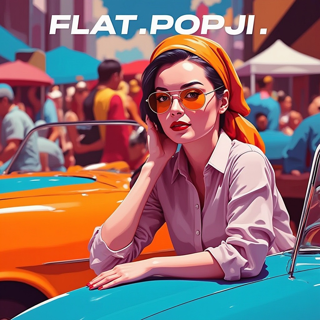 A close-up of a pinup model leaning on a classic car at a retro car show. Her outfit is bright and eye-catching,  with a h...