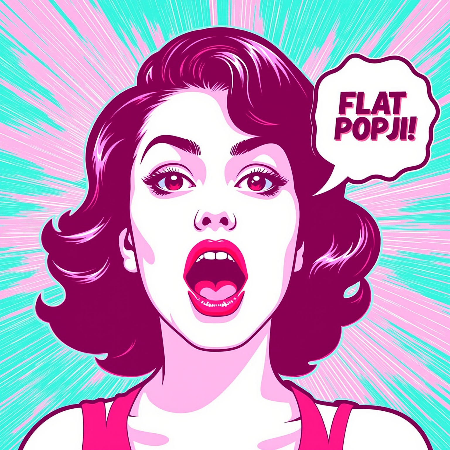 A sultry pinup girl's expression transforms from sweet to shocked as she exclaims 'Flat Popji!' amidst a burst of bright p...