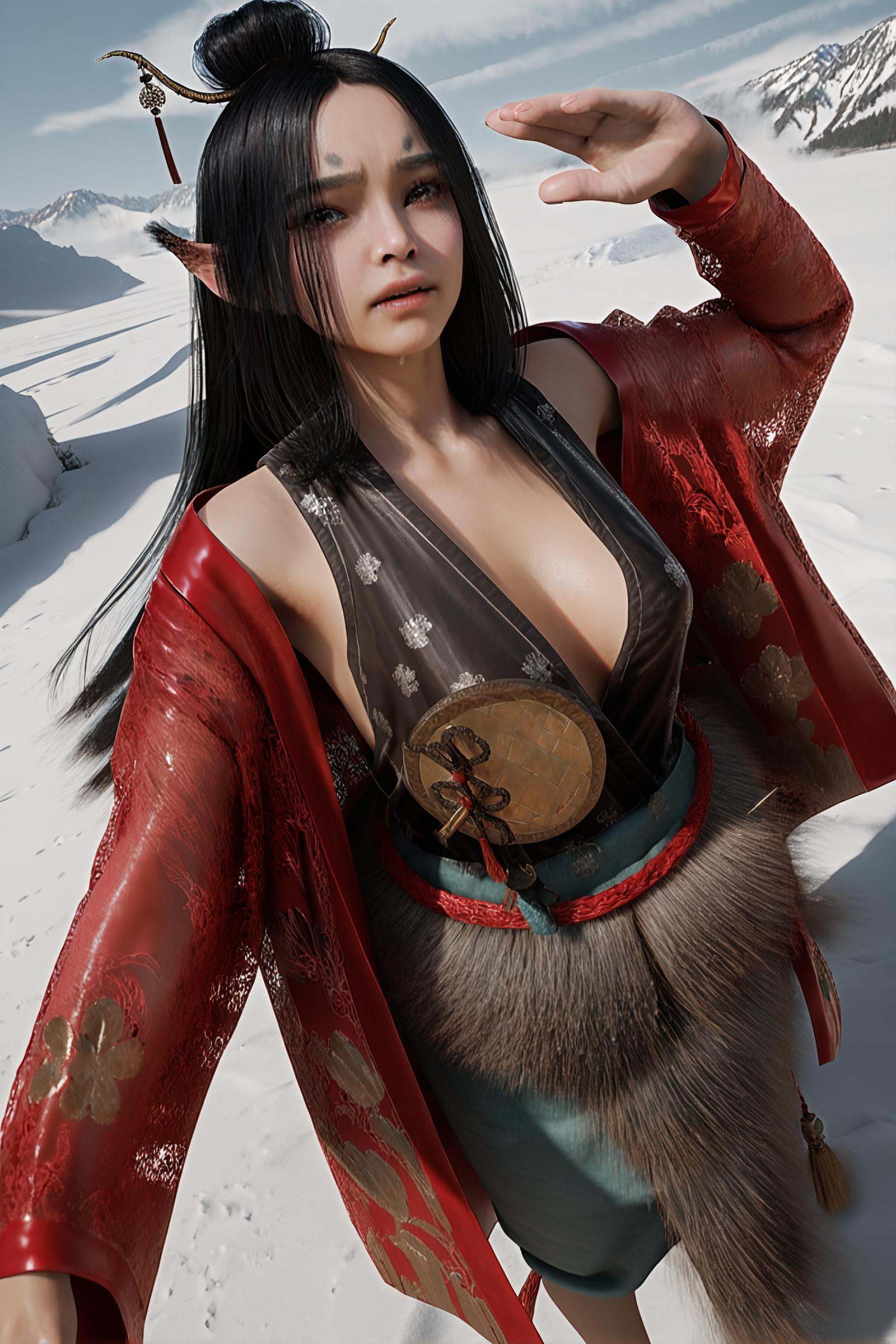 8k, best quality, masterpiece, (ultra-detailed), (high detailed skin), vivid color, realistic, looking at viewer, (solo:1.3), <lora:pingping-atw-Tanger:0.8>, pingping, coquette, pointy ears, Red coat, fur skirt, by heishenhua, game cg, 1girl, barefoot, black hair, long hair, standing, hair ornament, beautiful blue sky, cloud, standing, upper body, looking at viewer, tears, close-up, dynamic angle, cleavage, 