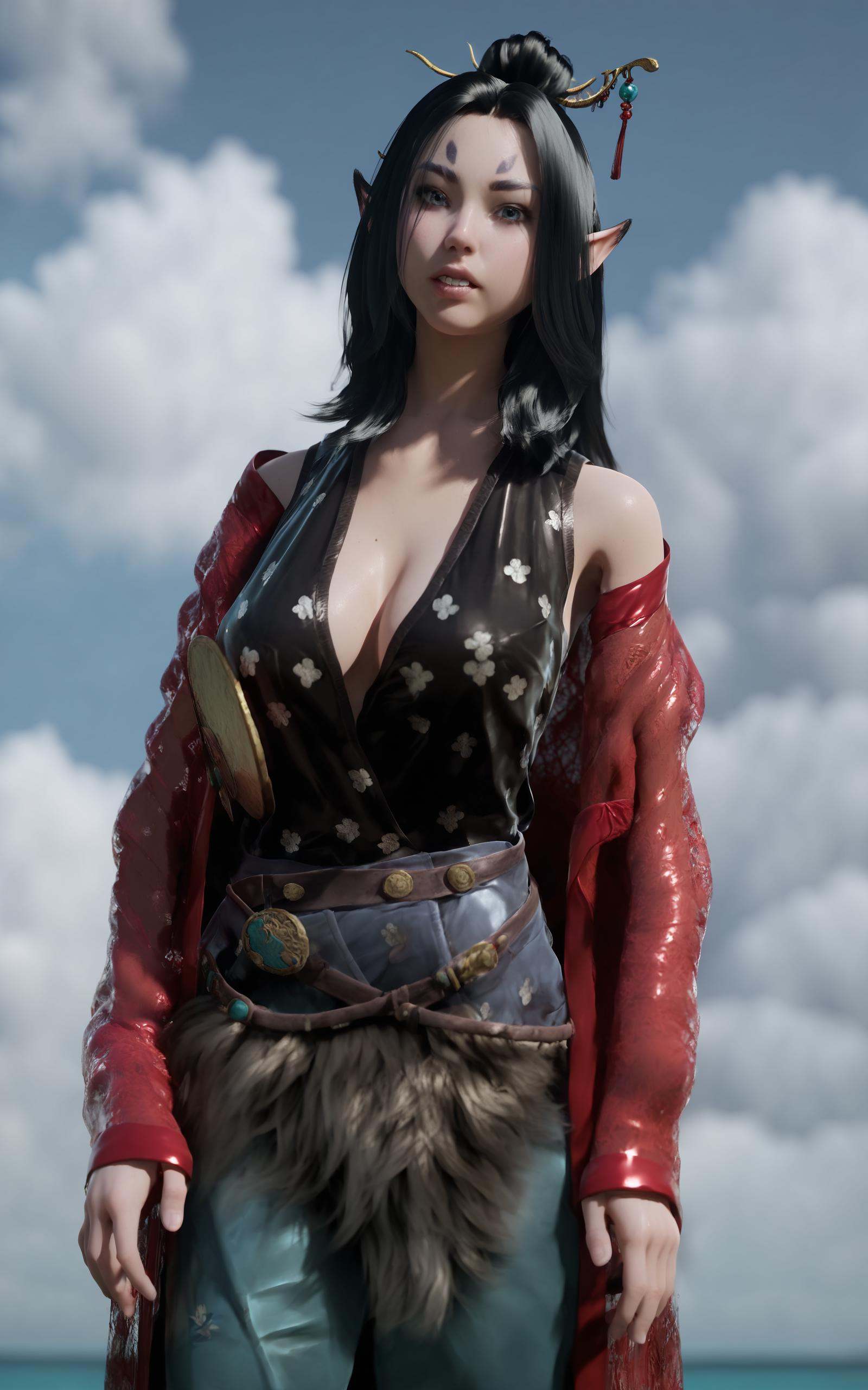 score_9, score_8_up, score_7_up, 8k, best quality, masterpiece, (ultra-detailed), solo, upper body:1.1), looking at viewer,<lora:pingping-pony-Tanger:0.8>, pingping, coquette, pointy ears, Red coat, fur skirt, by heishenhua, game cg, 1girl, barefoot, black hair, long hair, standing, hair ornament, Intimidation, tooth and claw,beautiful blue sky, cloud, standing, upper body, looking at viewer,  close-up, dynamic angle, cleavage, <lora:Turquoise Style LoRA_Pony XL v6:0.25>, traditional media, realistic, 