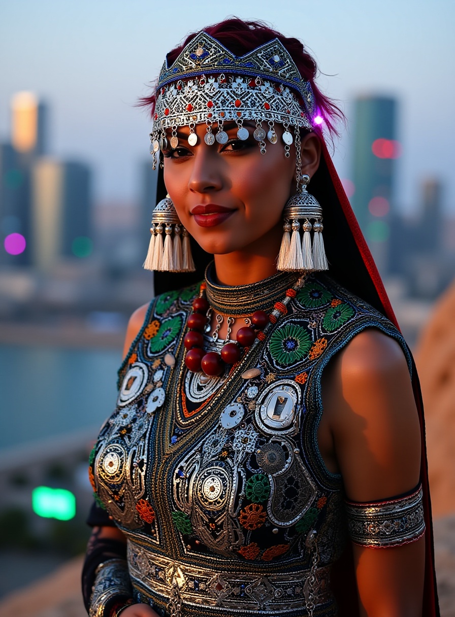 A strong and determined woman wearing a futuristic interpretation of Tasfift attire,  blending traditional Berber patterns...