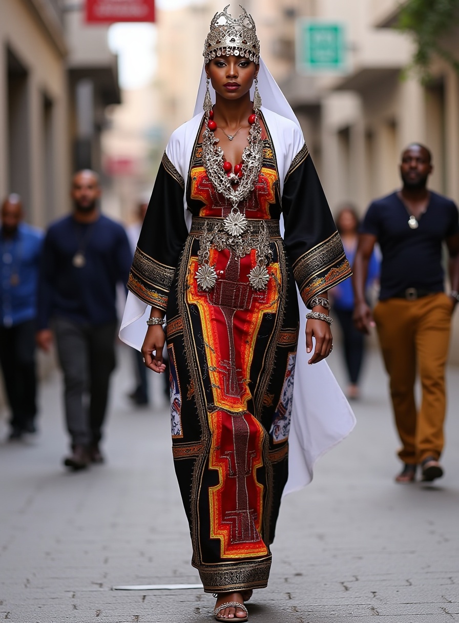 A modern,  urban woman wearing a contemporary version of Tasfift attire,  blending traditional elements with high-fashion...