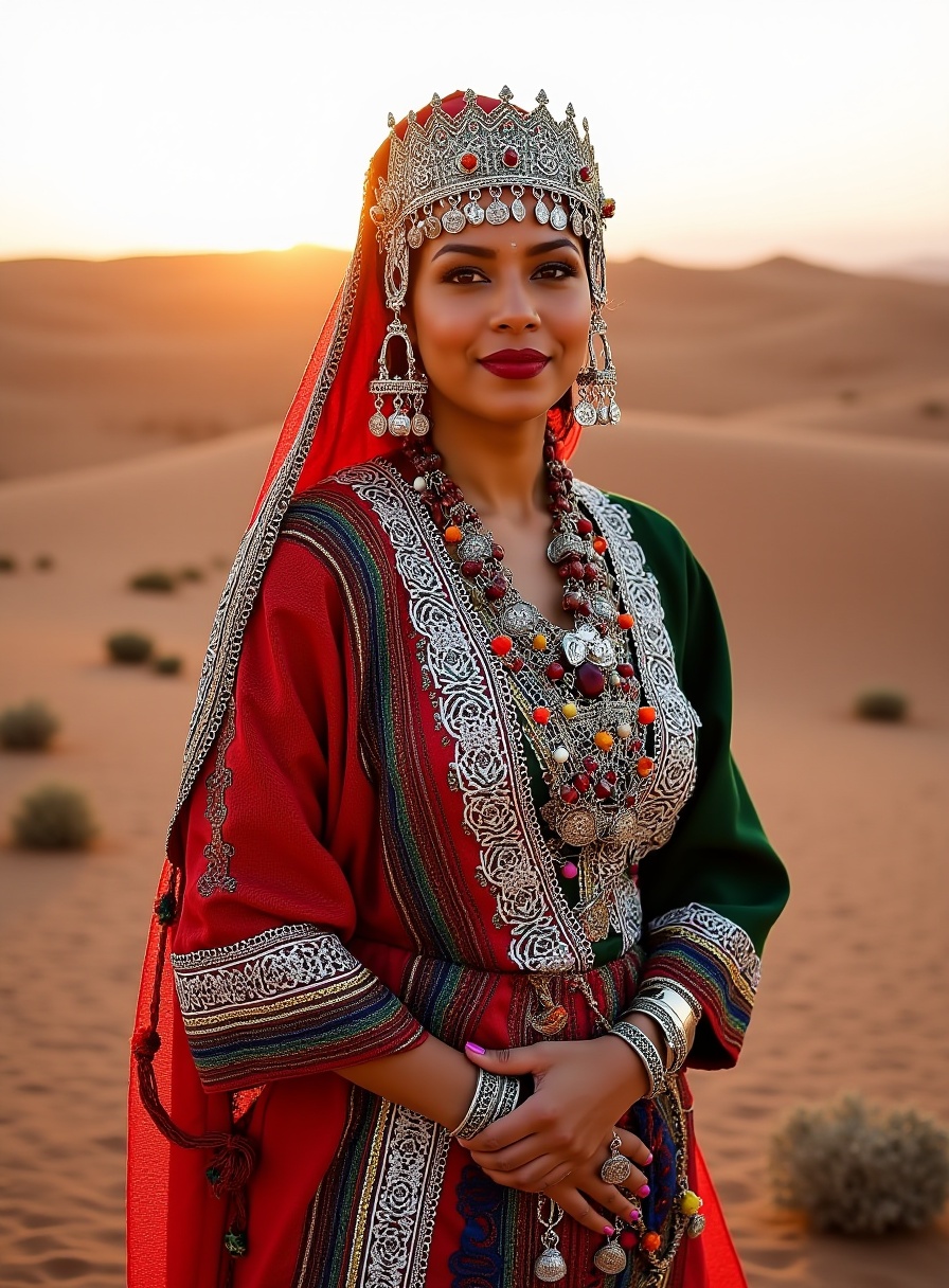 A regal woman stands tall,  adorned in traditional Tasfift attire,  with intricate silver jewelry cascading down her shoul...