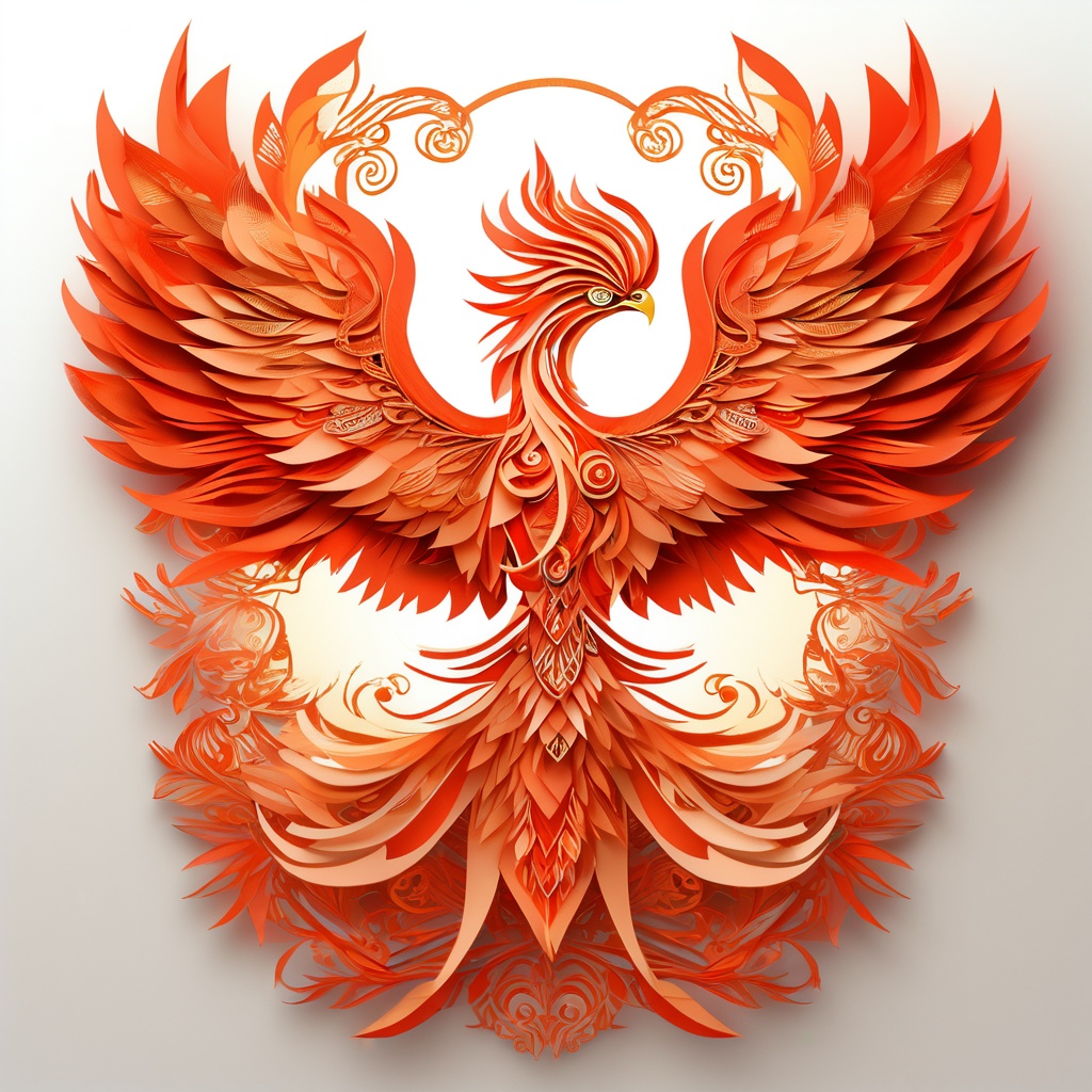 A stunning origami phoenix, with expansive wings and detailed plumage. Fiery reds and oranges blending with subtle gold accents. Background with a warm, glowing aura. Intricate layering of paper, smooth transitions, and dynamic movement.
