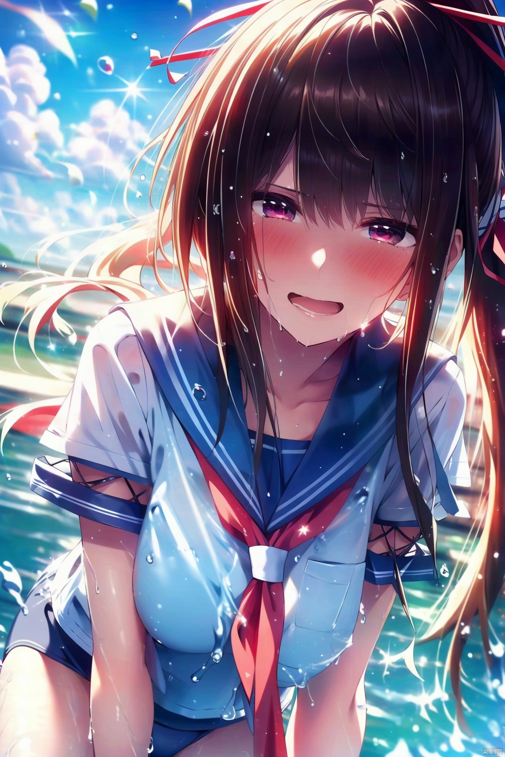 1girl
solo
long hair
breasts
looking at viewer
blush
smile
bangs
large breasts
brown hair
shirt
black hair
red eyes
ribbon
holding
very long hair
school uniform
standing
collarbone
hair ribbon
white shirt
ponytail
short sleeves
sidelocks
thighs
outdoors
sky
serafuku
day
shiny
cloud
sailor collar
water
grin
blue sky
wet
neckerchief
see-through
leaning forward
school swimsuit
wet clothes
red neckerchief
swimsuit under clothes
sailor shirt
wet shirt