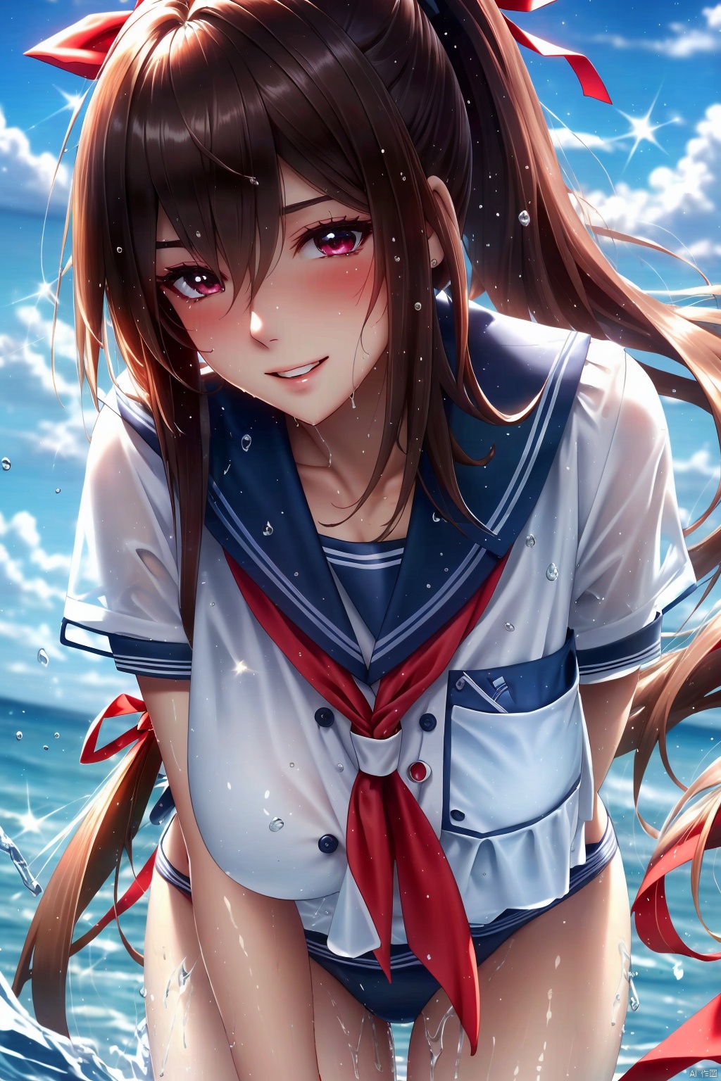 1girl
solo
long hair
breasts
looking at viewer
blush
smile
bangs
large breasts
brown hair
shirt
black hair
red eyes
ribbon
holding
very long hair
school uniform
standing
collarbone
hair ribbon
white shirt
ponytail
short sleeves
sidelocks
thighs
outdoors
sky
serafuku
day
shiny
cloud
sailor collar
water
grin
blue sky
wet
neckerchief
see-through
leaning forward
school swimsuit
wet clothes
red neckerchief
swimsuit under clothes
sailor shirt
wet shirt