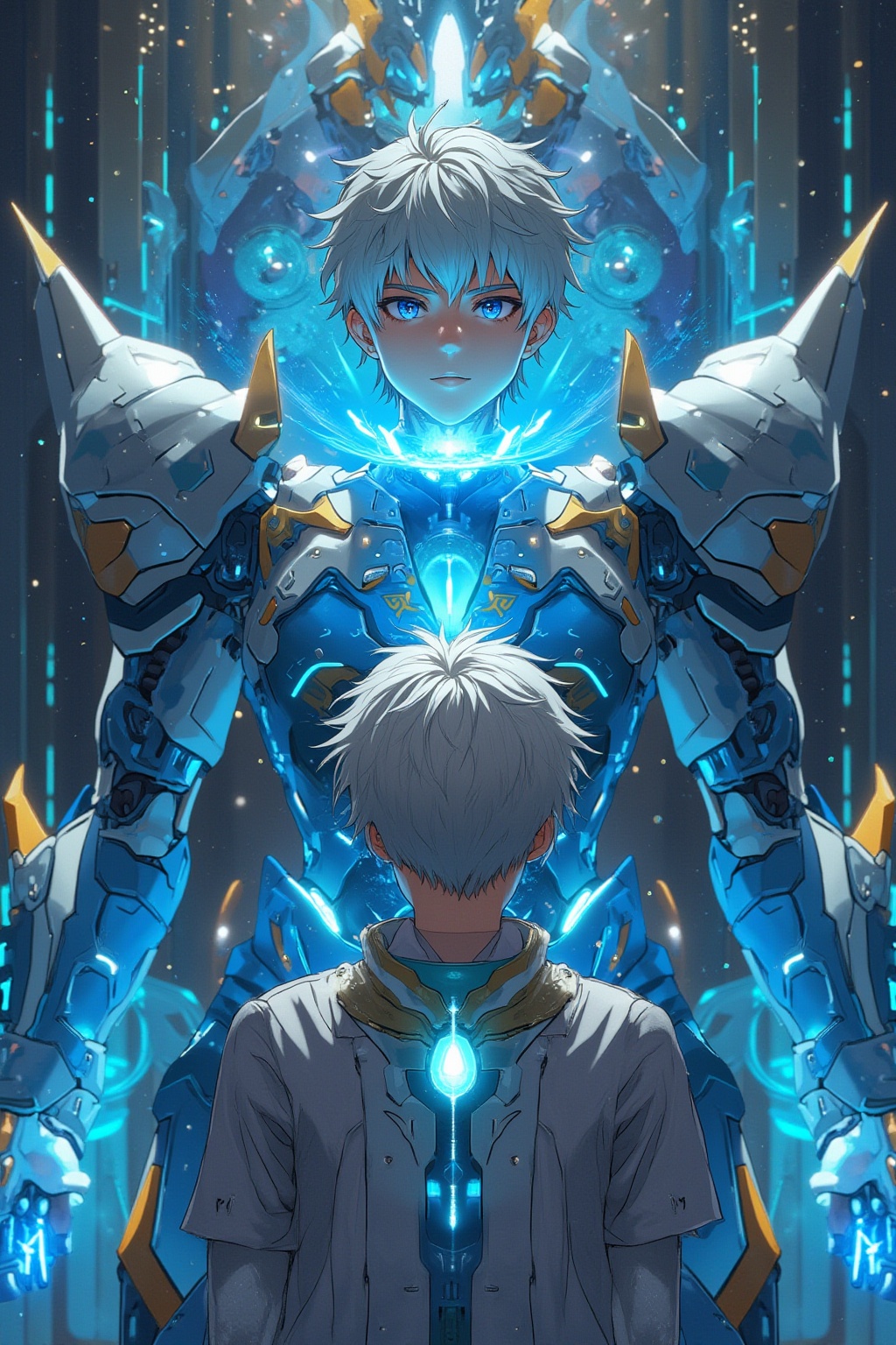 A cybernetic boy with short white hair and piercing blue eyes stands in front of his mecha,  adorned with intricate lotus...