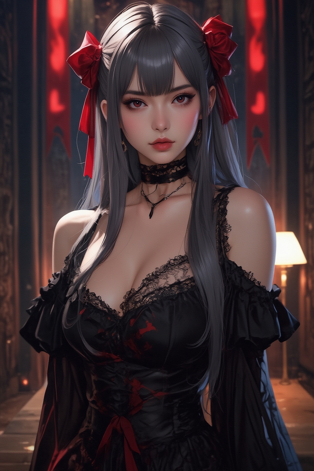 Create an anime-style illustration of a powerful female character inspired by Shalltear Bloodfallen. She has long,  dark s...