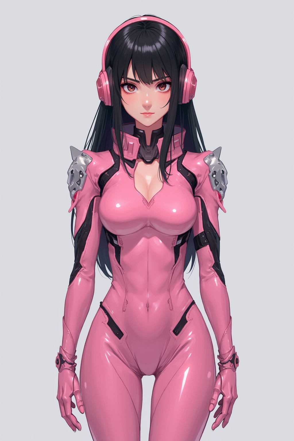 Image is a high-resolution,  full-body portrait of a woman in a futuristic,  form-fitting pink bodysuit with black accents...