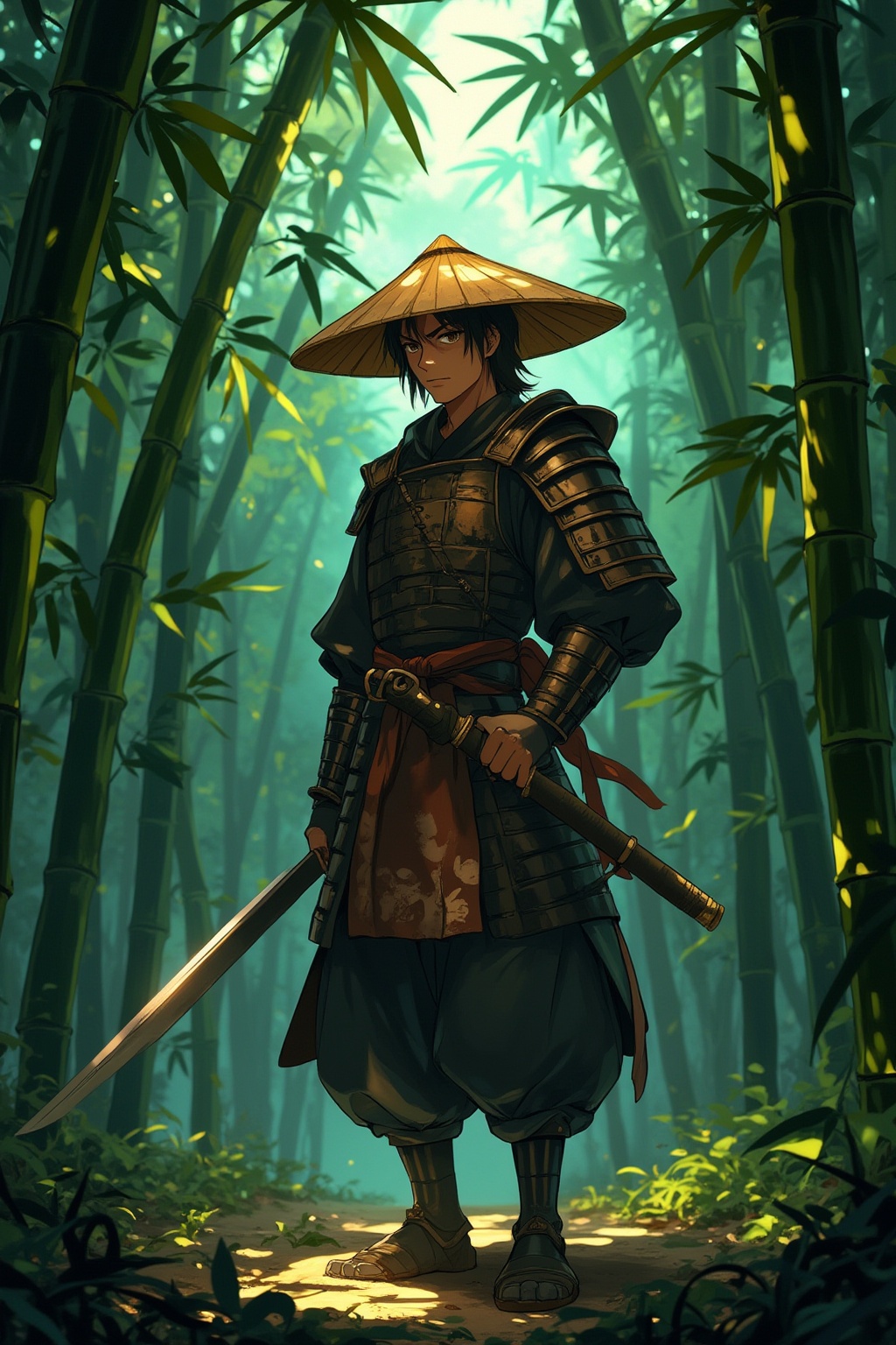 Anime style,  a samurai warrior with a stern expression,  wearing traditional Japanese armor and a straw hat on Tensor.Art