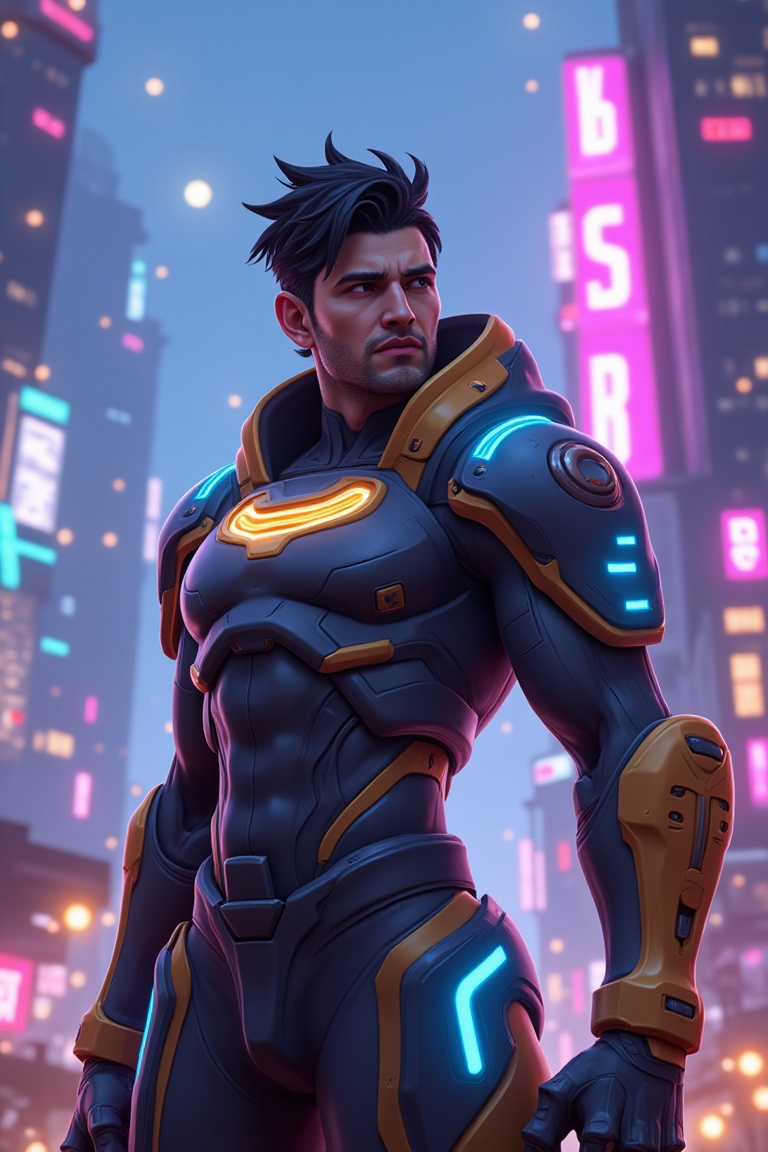 character_style = "man,  futuristic mecha warrior" armor_description = "sleek,  high-tech armor with vibrant colors" pose_...