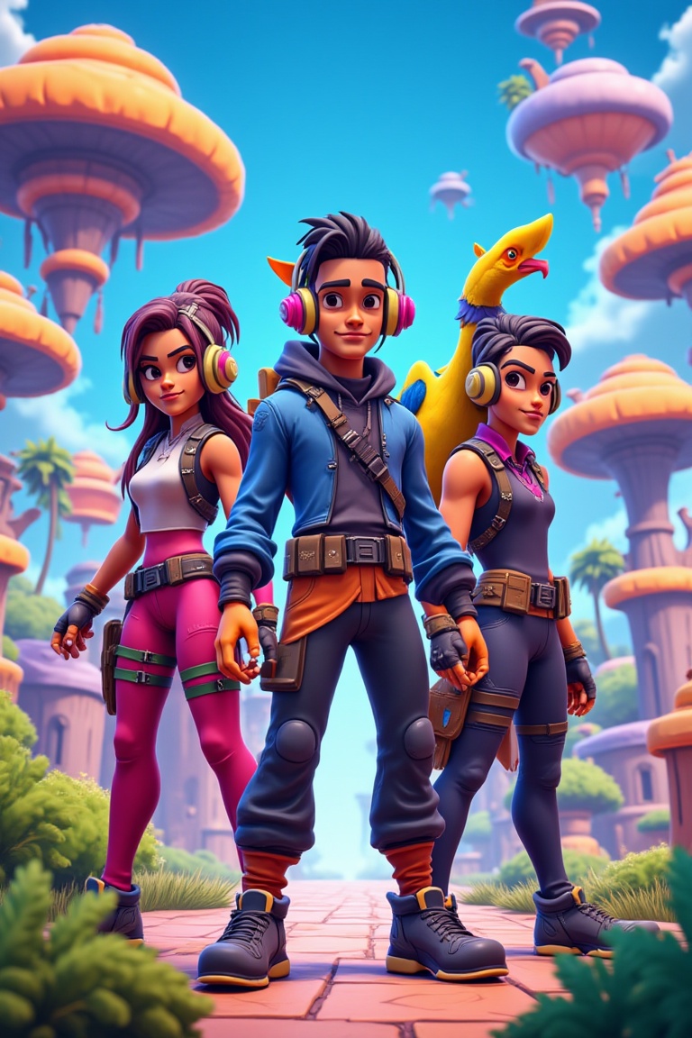 Create a game design art style image inspired by Fortnite,  featuring exaggerated character features with a cartoonish and...