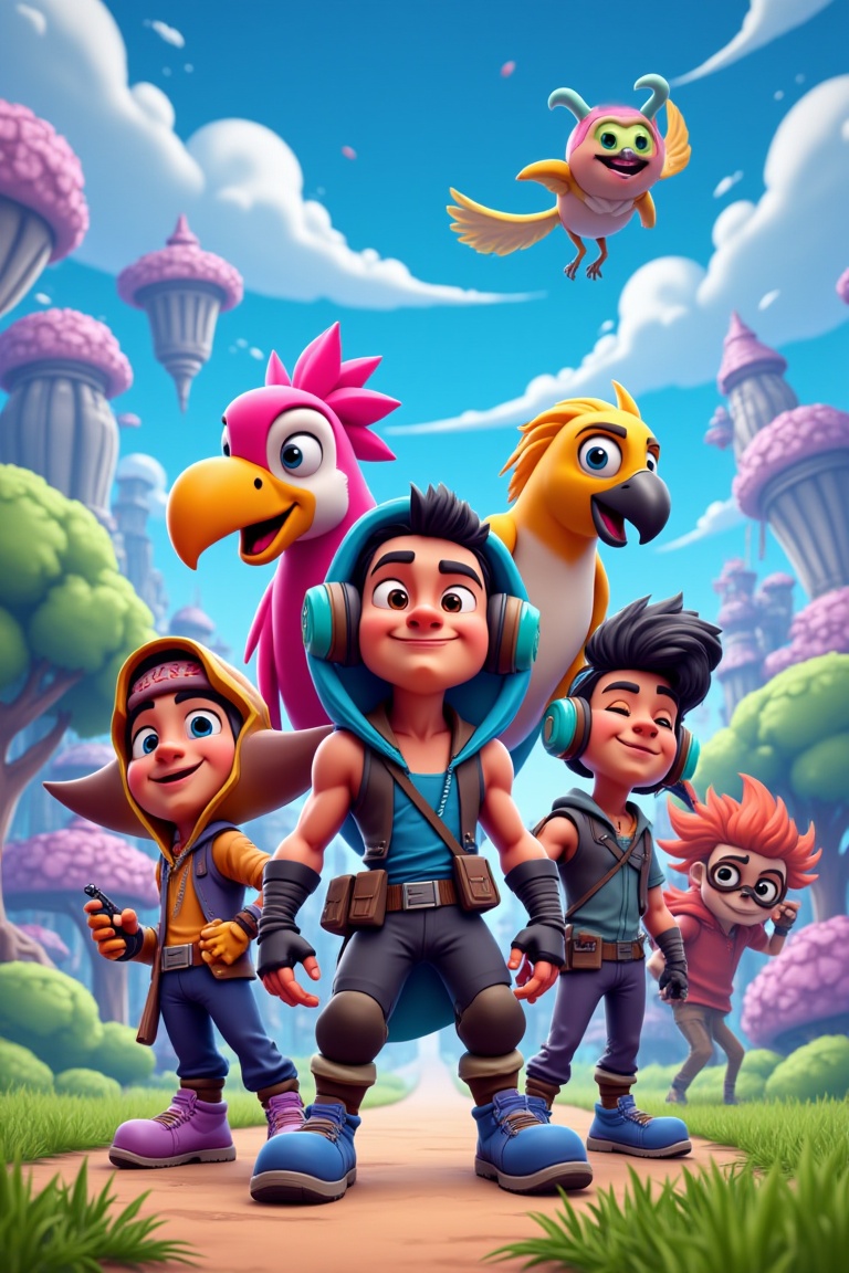 Create a game design art style image inspired by Fortnite,  featuring exaggerated character features with a cartoonish and...