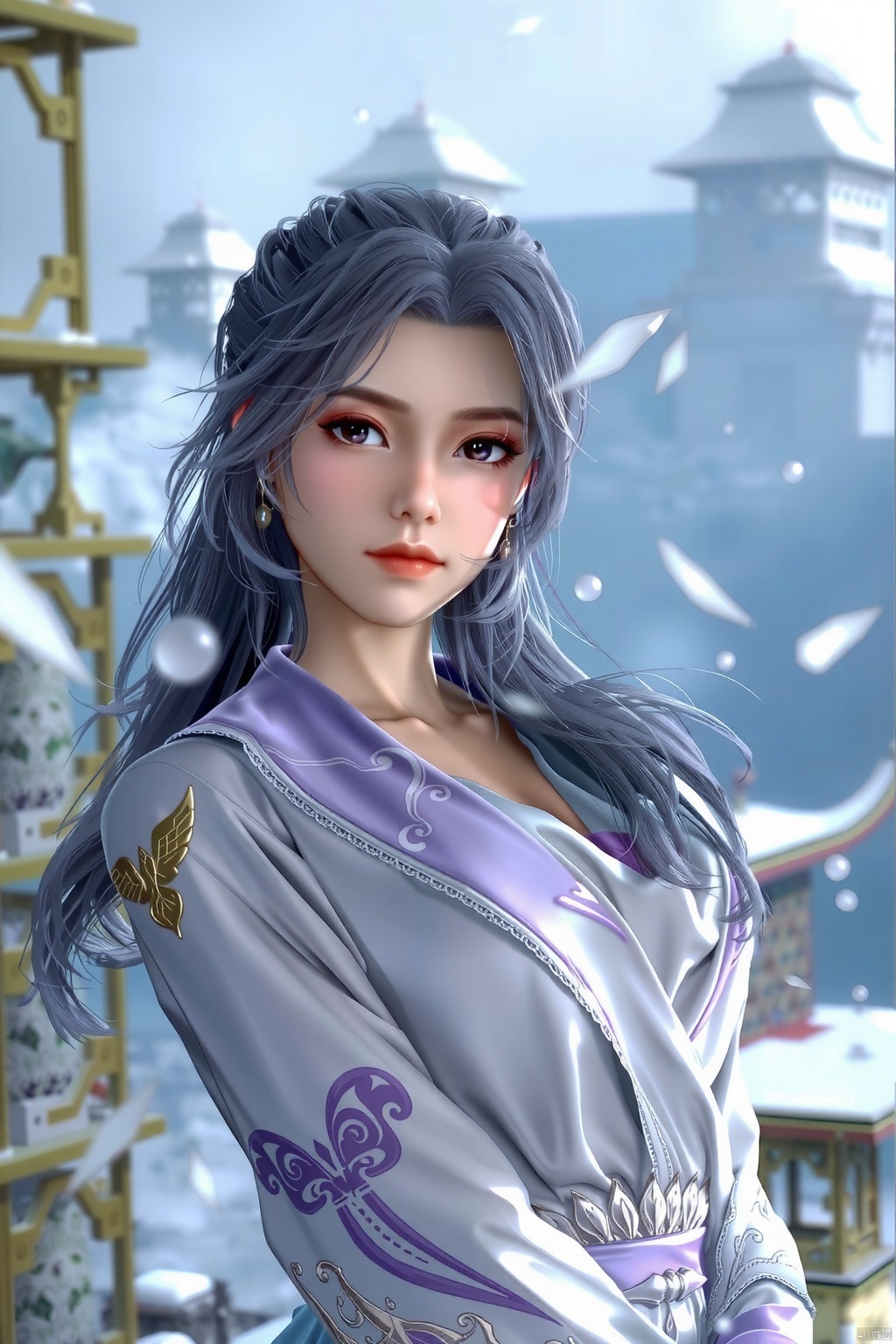  best quality,masterpiece,arien_hanfu,1girl,(falling_snow:1.2),looking_at_viewer,,(big breasts:1.59), ,Xyunxiao