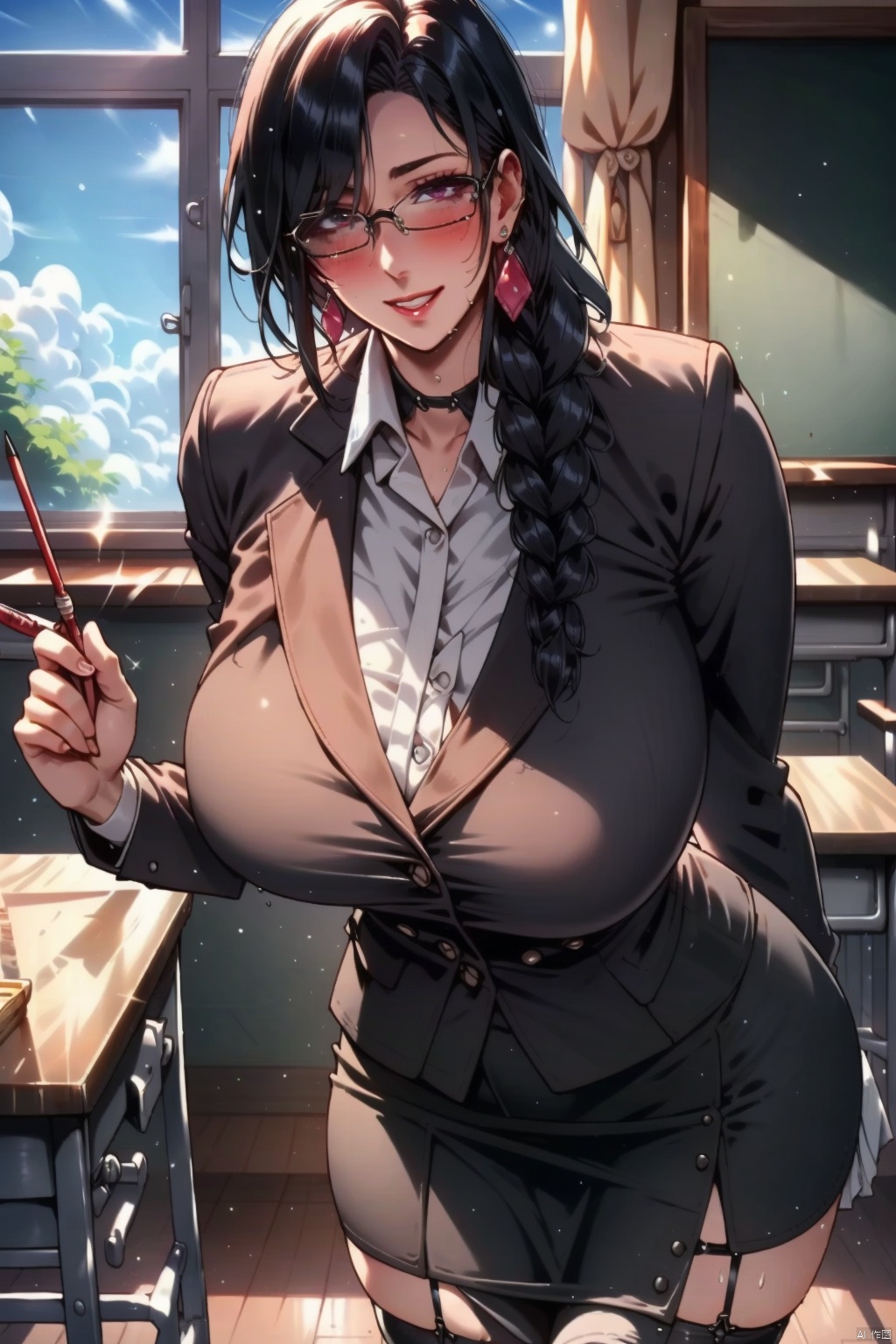 1girl
solo
long hair
breasts
looking at viewer
blush
smile
skirt
large breasts
shirt
black hair
thighhighs
holding
jewelry
jacket
white shirt
braid
earrings
glasses
black thighhighs
indoors
window
garter straps
curtains
desk
pencil skirt
mature female
classroom
teacher 
sweat