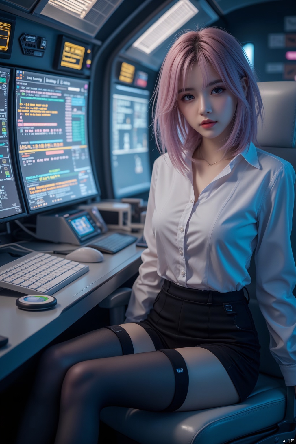 Cyberpunk,  (((black pantyhose))), 1girl, solo, sitting, full body, looking at the camera, pink hair, short hair, (((big breasts))), OL, cute face, Angelababy,long legs, closed mouth, thin bangs, in Command Center, mini_skirt, white shirt, black skirt,, hip skirt, black hip skirt, large screen,