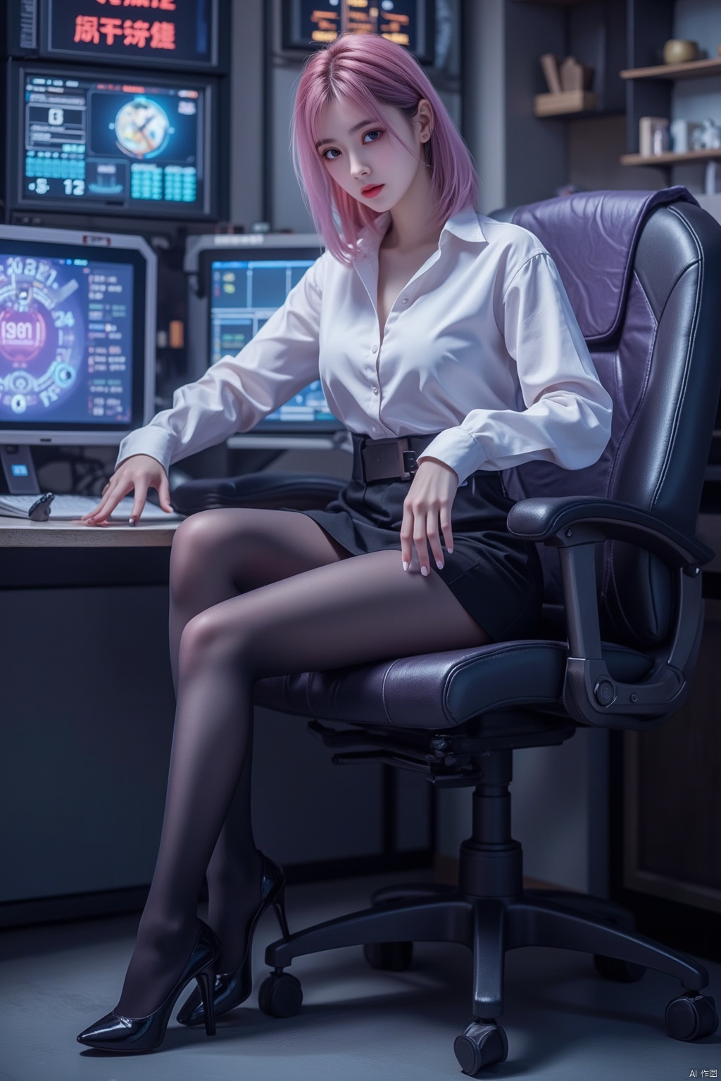 Cyberpunk,  (((black pantyhose))), 1girl, solo, sitting, full body, looking at the camera, pink hair, short hair, (big breasts:1.39), OL, cute face, Angelababy,long legs, closed mouth, thin bangs, in Command Center, mini_skirt, white shirt, black skirt,, hip skirt, black hip skirt, large screen,Xyunxiao