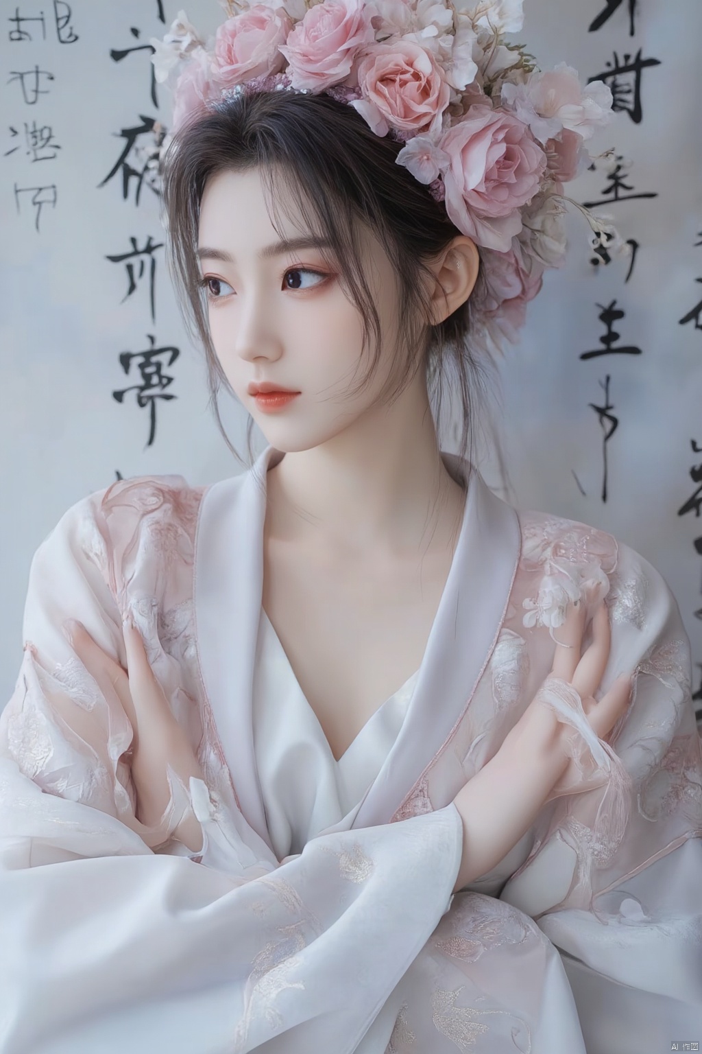 a young Asian woman dressed in a white kimono, adorned with a pink headband adorned with flowers. The woman's hair is dark brown, and her eyes are a piercing blue, while her hair is a darker shade of brown. She is wearing a silver ring on her left hand, adding a touch of contrast to her white robe. The backdrop is adorned with black writing, creating a striking contrast against the white backdrop.,Xyunxiao,(big breasts:1.99),
