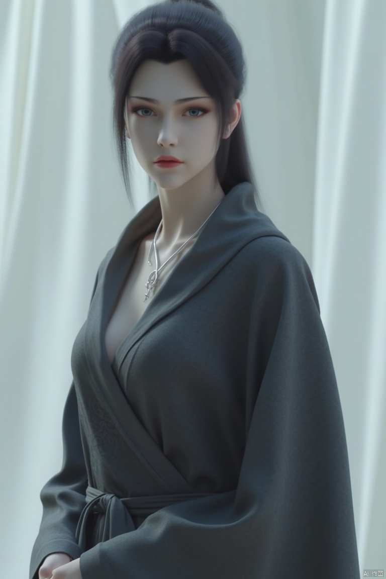 A serene 8K photo, eye shadow, red lips,  Added a whimsical atmosphere. delicate face, 
a woman stands in front of a white backdrop. She is dressed in a dark gray robe, adorned with a silver necklace and a silver ring. Her hair is pulled back in a ponytail, adding a touch of warmth to her outfit. feet in a pair of high-heeled. The high-heeled have a floral design on the side of them, Her eyes are a piercing blue, while her lips are a darker shade of red. She has a serious expression on her face, adding depth to the composition.﻿