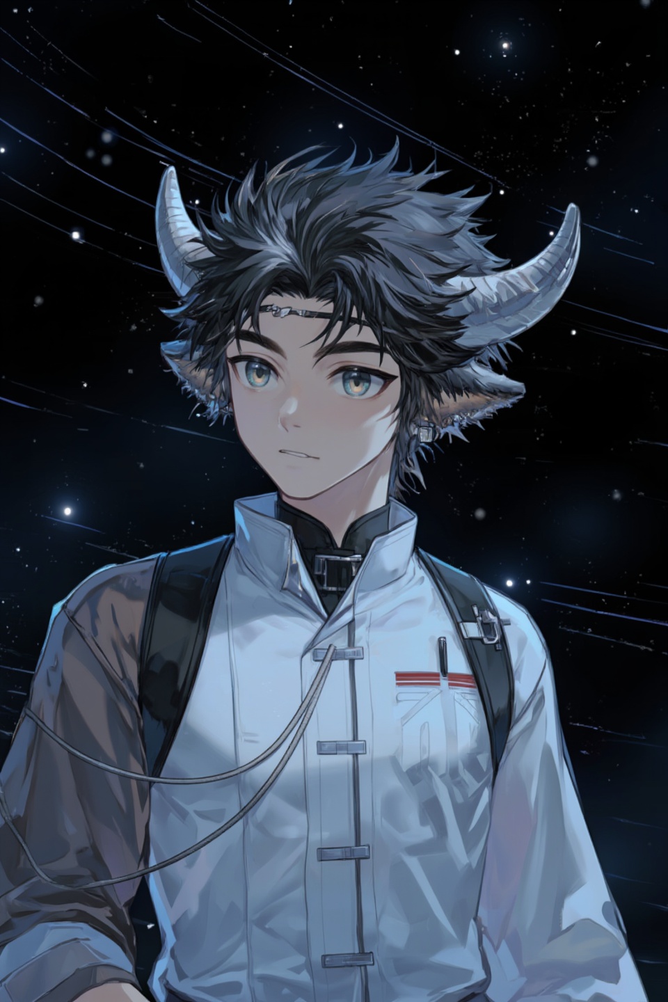 Wanqing's mystical portrait: A lone boy,  adorned in cow-horns and ears,  dons a crisp white shirt against the inky blackn...