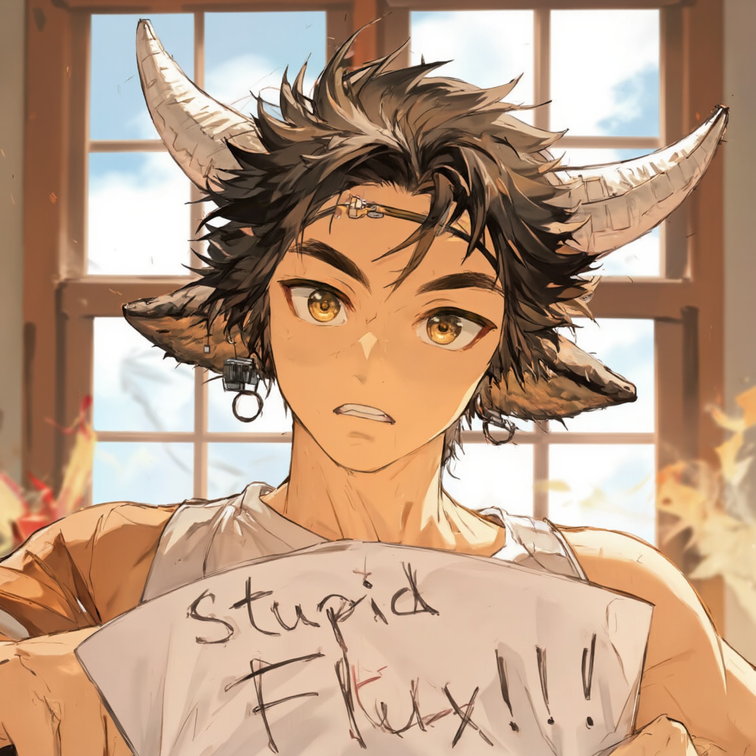 A close-up shot of Wanqing,  a young boy with cow-like ears and horns,  his upper body filling the frame. He's indoors on...