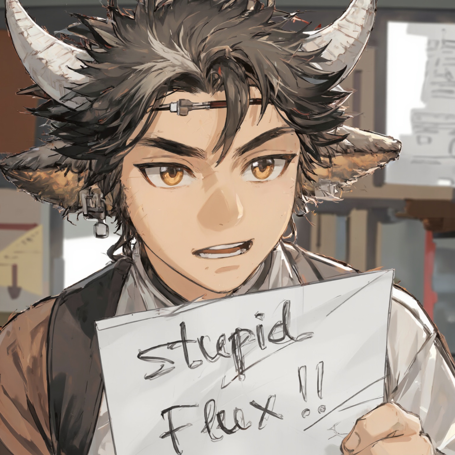 A close-up shot of Wanqing,  a young boy with cow-like ears and horns,  his upper body filling the frame. He's indoors on...