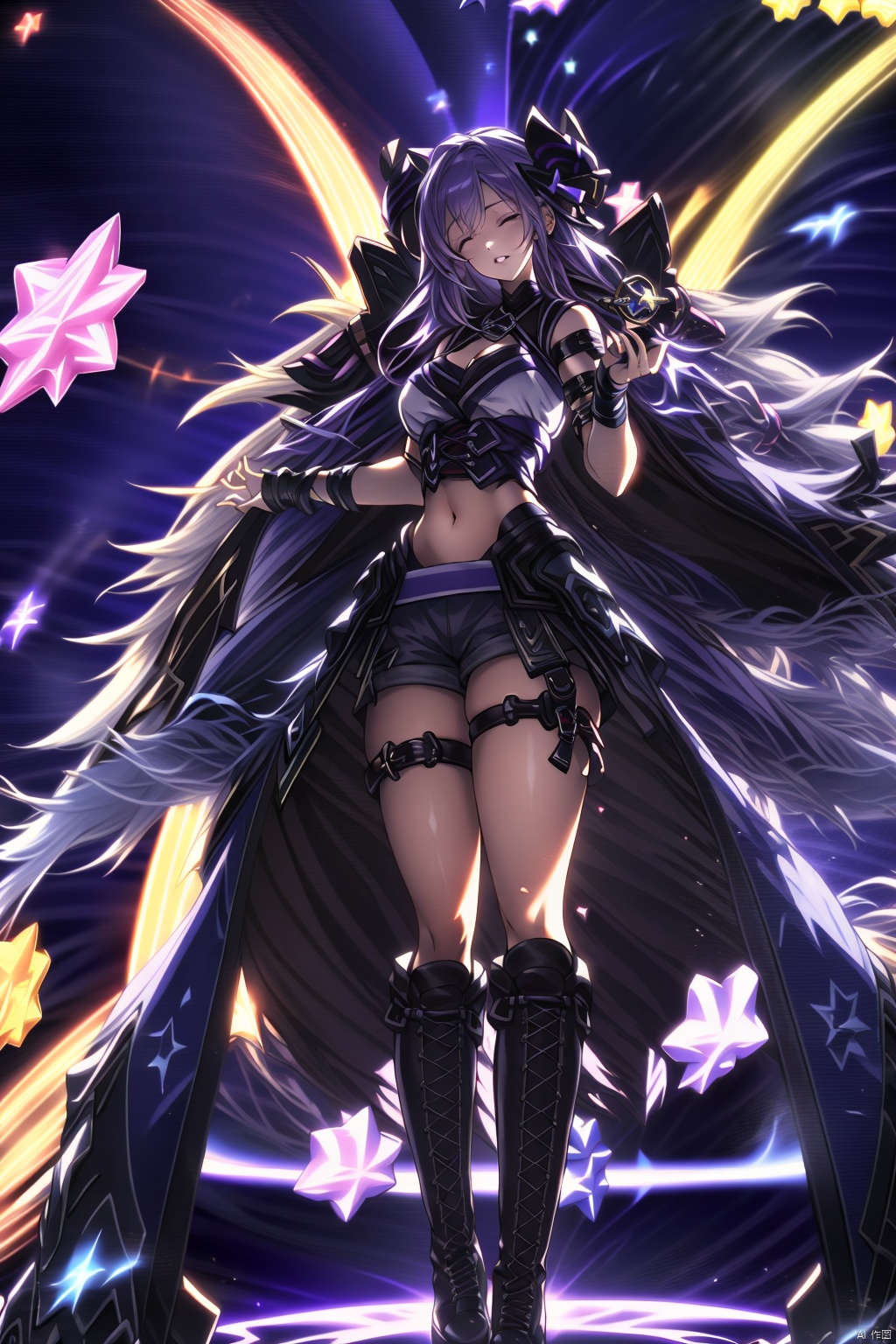 1girl solo long hair smile bangs navel very long hair standing full body closed eyes purple hair boots parted lips horns shorts midriff star \(symbol\) black footwear short shorts thigh strap black shorts knee boots facing viewer cross-laced footwear