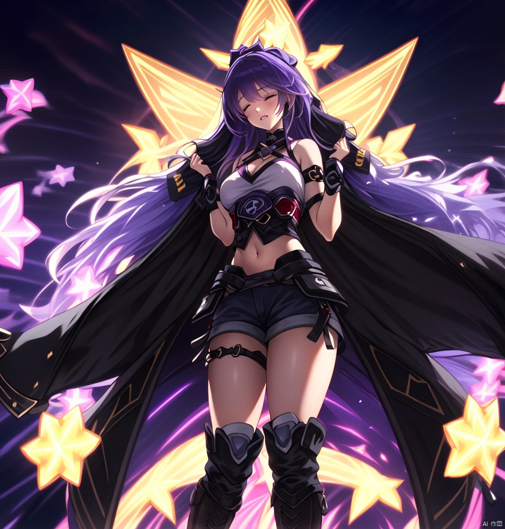 1girl solo long hair smile bangs navel very long hair standing full body closed eyes purple hair boots parted lips horns shorts midriff star \(symbol\) black footwear short shorts thigh strap black shorts knee boots facing viewer cross-laced footwear