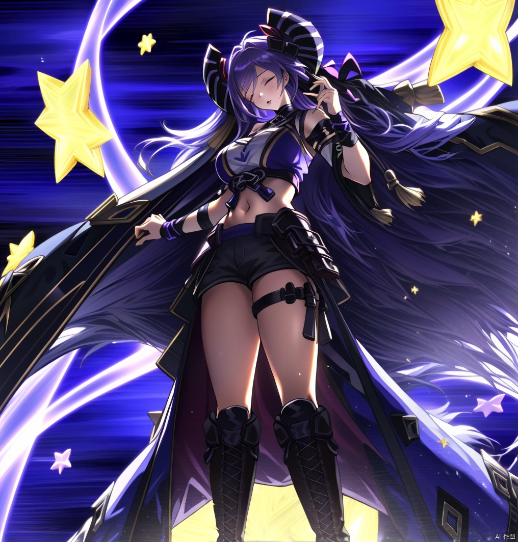1girl solo long hair smile bangs navel very long hair standing full body closed eyes purple hair boots parted lips horns shorts midriff star \(symbol\) black footwear short shorts thigh strap black shorts knee boots facing viewer cross-laced footwear