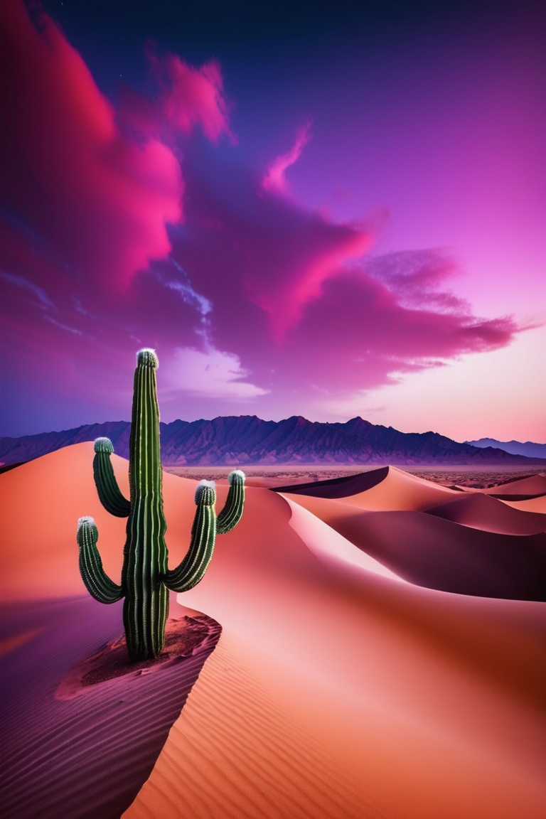 A panoramic landscape of a desert at dusk,  with towering sand dunes and a sky painted in deep purples and reds. The foreg...