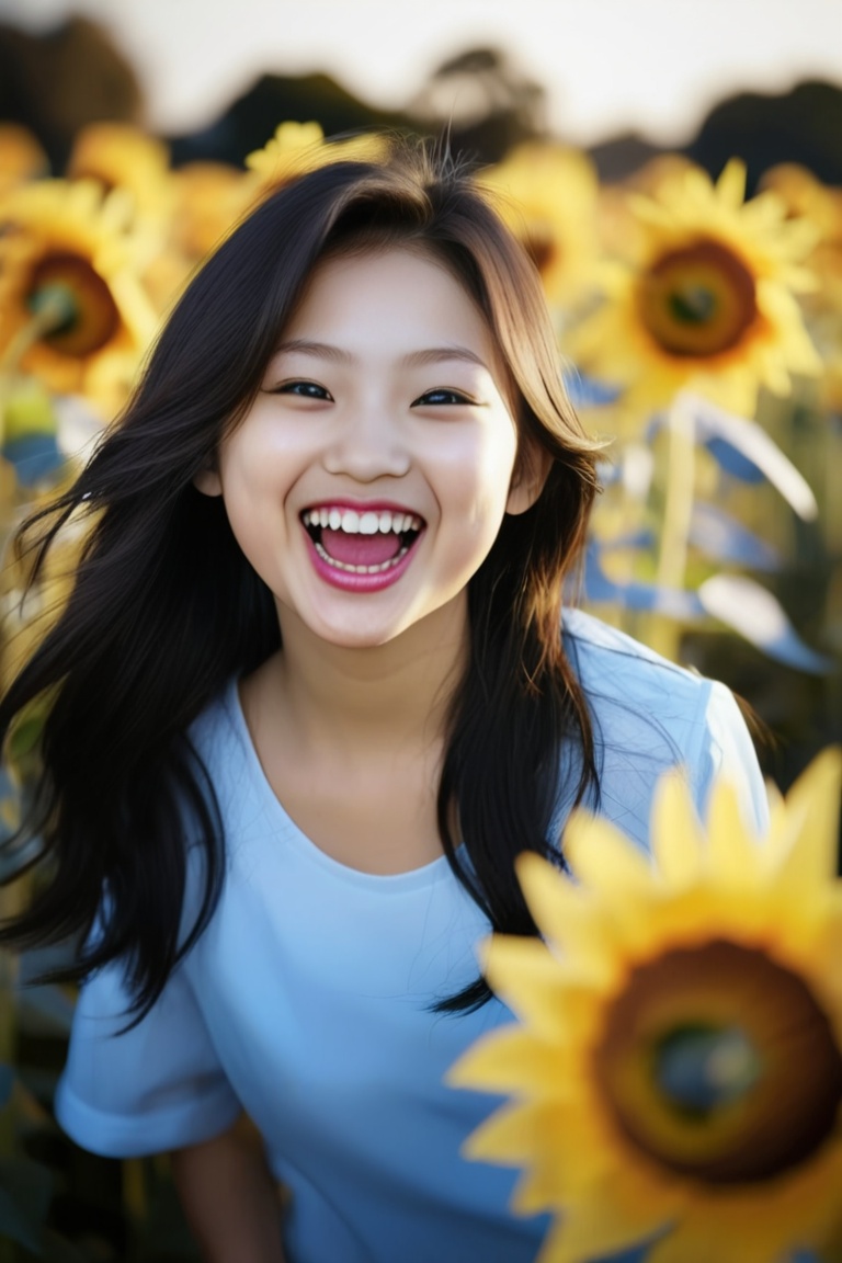 A dynamic portrait of a young girl laughing,  her face full of joy. She is surrounded by a field of sunflowers,  the brigh...