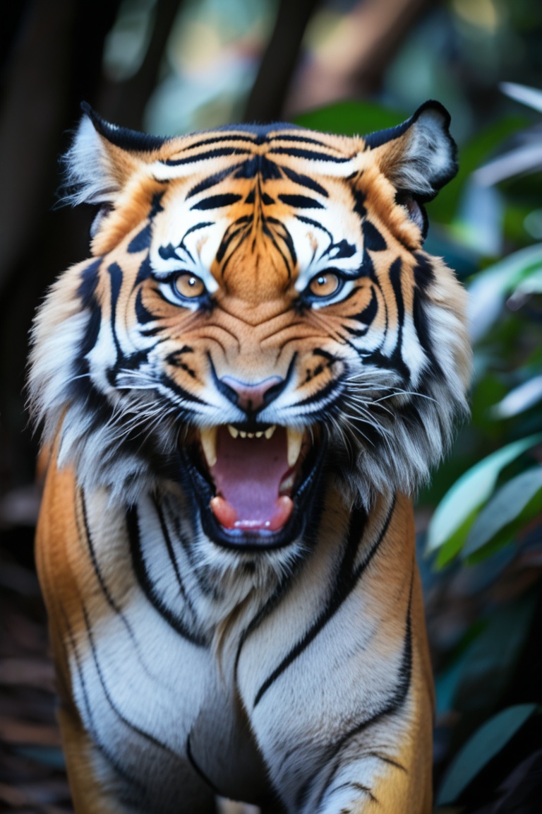 A close-up of a Bengal tiger mid-roar,  its fur bristling and eyes fierce. The background is a dense jungle,  with dappled...