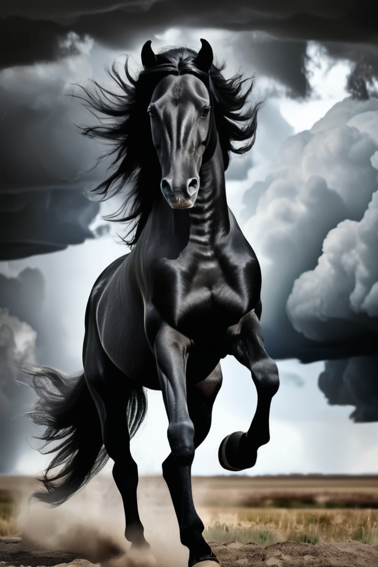 A powerful portrait of a black stallion rearing up on its hind legs,  its mane flowing in the wind. The background is a st...