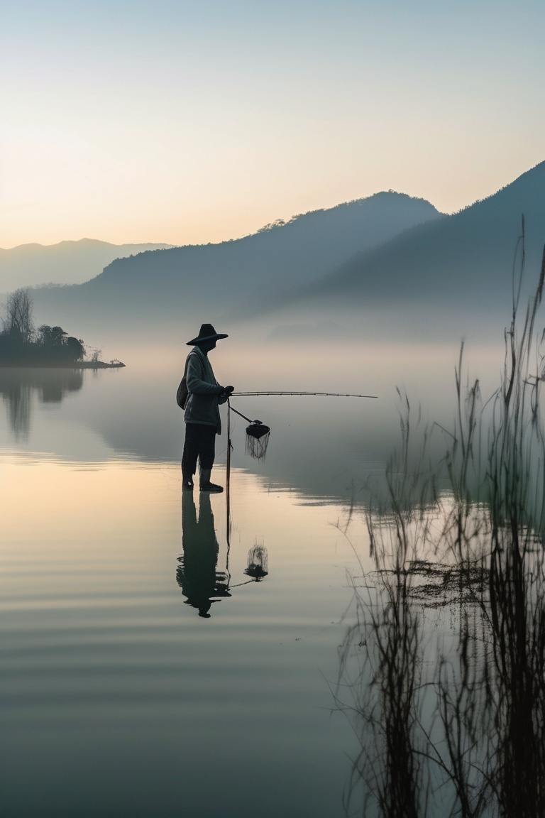 An environmental portrait of a fisherman standing by a misty lake at dawn,  taken with a 70-200mm telephoto lens. The lens...