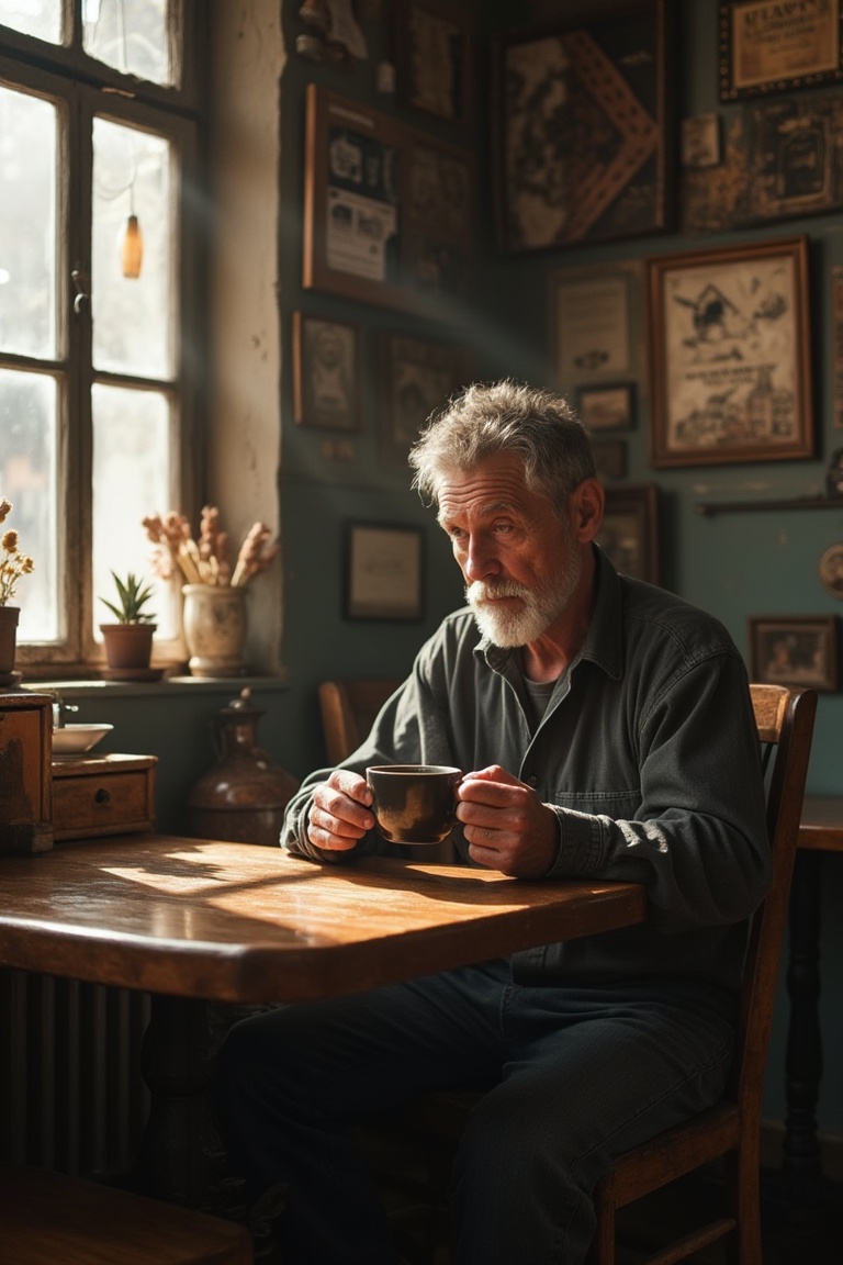 A man sits alone at a small,  rustic cafe,  surrounded by worn wooden tables and chairs. The morning sunlight streams thro...