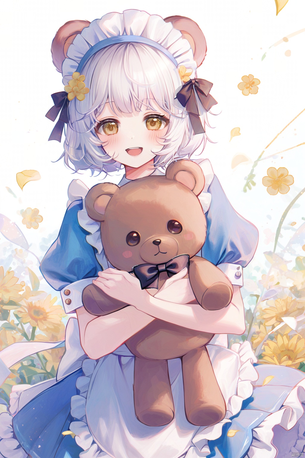 1girl, solo, stuffed toy, teddy bear, dress, stuffed animal, white apron, yellow flower, blue dress, smile, puffy sleeves, animal ears, short sleeves, puffy short sleeves, flower, yellow eyes, petals, frilled apron, apron, looking at viewer, blush, bear ears, frills, bow, white hair, :d, virtual youtuber, white background, maid headdress, black bow