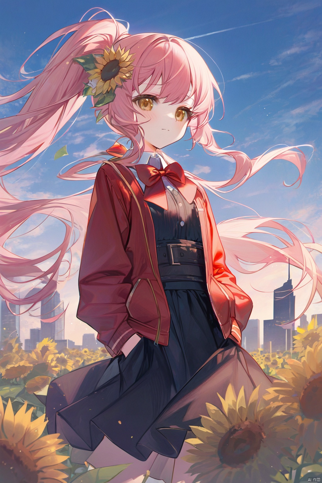 (masterpiece),(best quality),(loli：1.2),(petite:1.2),long hair,Pink hair,Yellow eyes, (red Jacket),high ponytail,white collared shirt,hair flower,fipped hair,floating hair,Frown,hands in pockets,black dress,red bowtie,(solo),sky, skyline, skyscraper, smile, solo, sunflower, tower, upper_body,white flower
