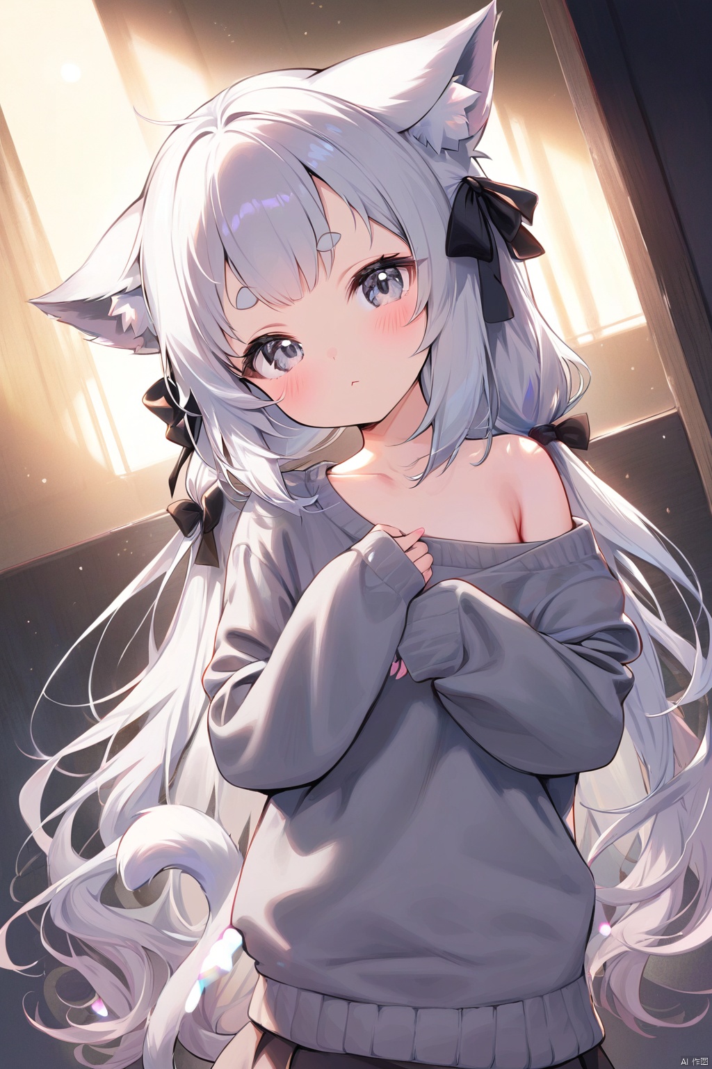 masterpiece,best quality,high quality,(colorful),loli,head tilt,backlighting,glowing,float light,1girl, solo, long hair, looking at viewer, blush, bangs, white eyes, long sleeves,bow, animal ears, bare shoulders, very long hair, closed mouth, collarbone, tail, white hair, hair bow, grey hair, off shoulder, sweater, animal ear fluff, sleeves past wrists, cat ears, black bow, cat tail, cat girl, grey shirt, low ponytail, puffy long sleeves, short eyebrows, grey sweater,indoor
