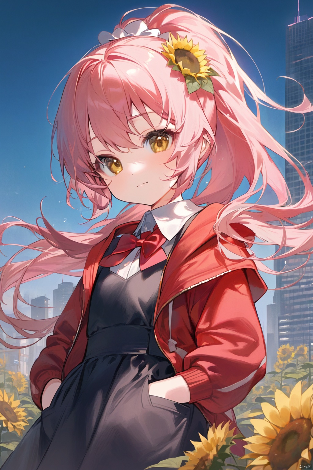 (masterpiece),(best quality),(loli：1.2),(petite:1.2),long hair,Pink hair,Yellow eyes, (red Jacket),high ponytail,white collared shirt,hair flower,fipped hair,floating hair,Frown,hands in pockets,black dress,red bowtie,(solo),sky, skyline, skyscraper, smile, solo, sunflower, tower, upper_body,white flower
