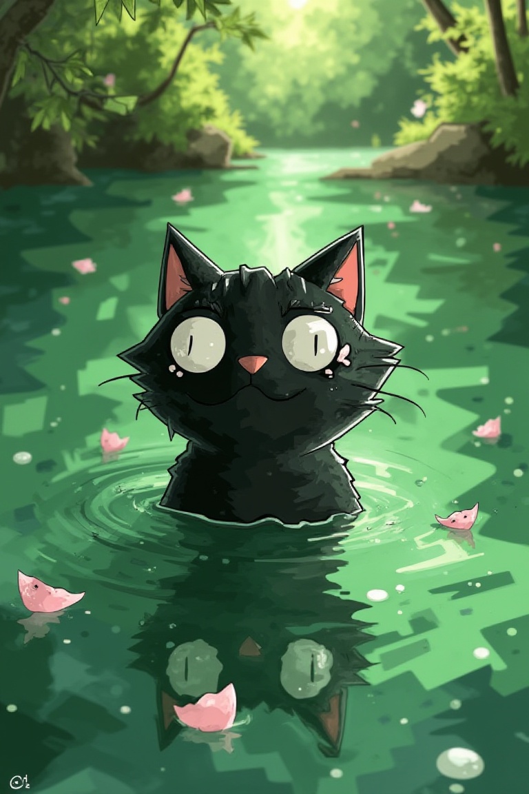 Create an image of a black cat with large,  expressive eyes,  chest-deep in a magical pond. The cat's form is stylized wit...
