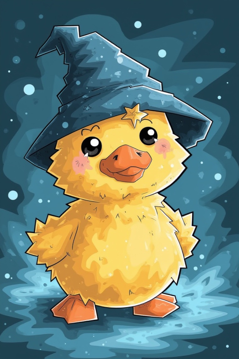 Create a 2D cel-shaded image of a kawaii wizard duck with a chubby body and pouty beak,  standing against a mystical backd...