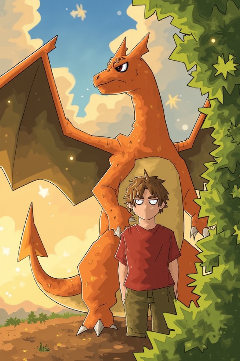 Create an image of a young man with short,  spiky brown hair and a stoic expression standing beside his towering orange Ch...