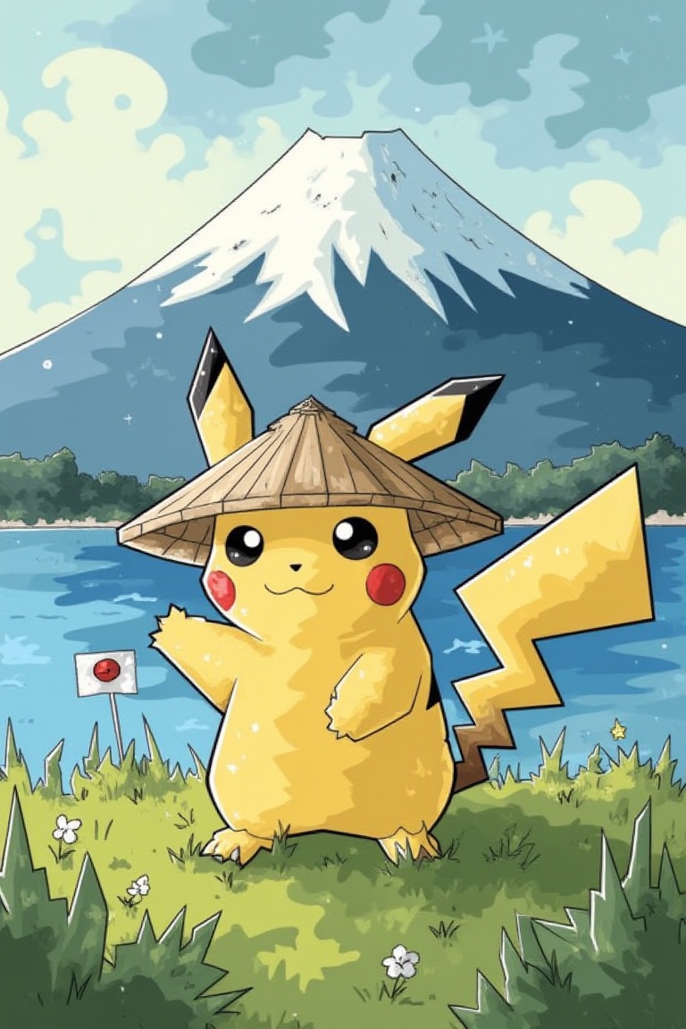Create an image of Pikachu,  wearing a traditional woven hat,  sitting happily on a grassy shoreline with its tail curled...